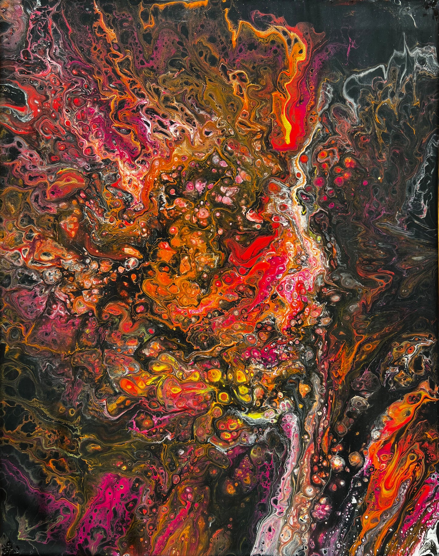 Radiant Inferno: A Vibrant Fluid Pour Painting on a Dark Canvas - 16x20