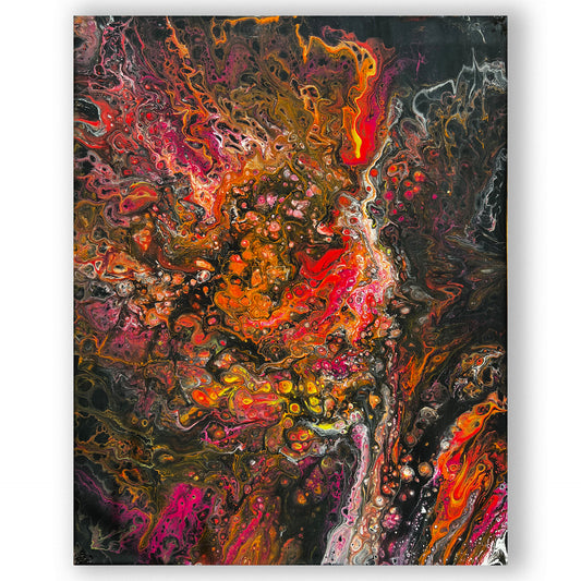 Radiant Inferno: A Vibrant Fluid Pour Painting on a Dark Canvas -  16x20